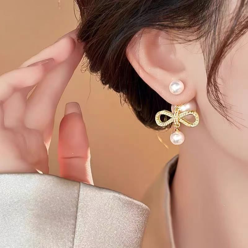 Earring Drop Alloy Faux Pearl Bow