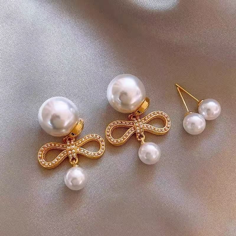 Earring Drop Alloy Faux Pearl Bow
