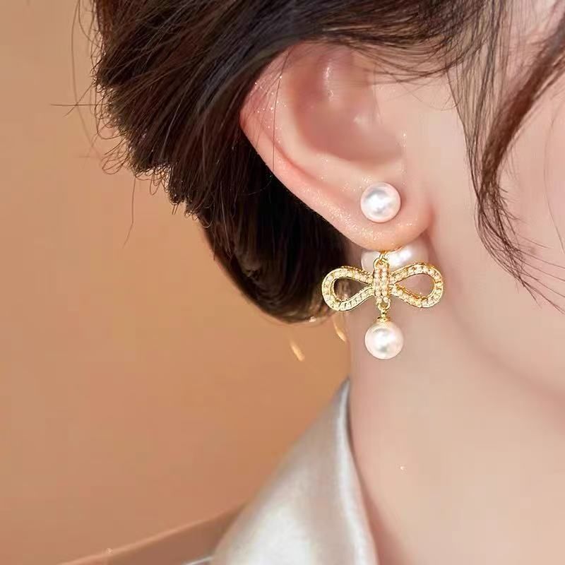 Earring Drop Alloy Faux Pearl Bow