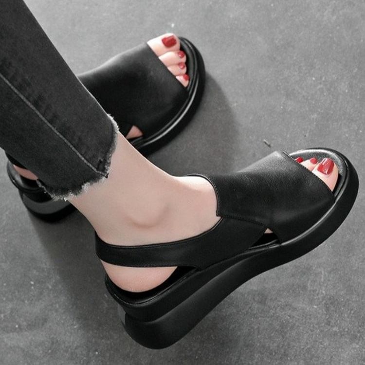 Plain Leather Heel Sandals Wedge Slingback Faux