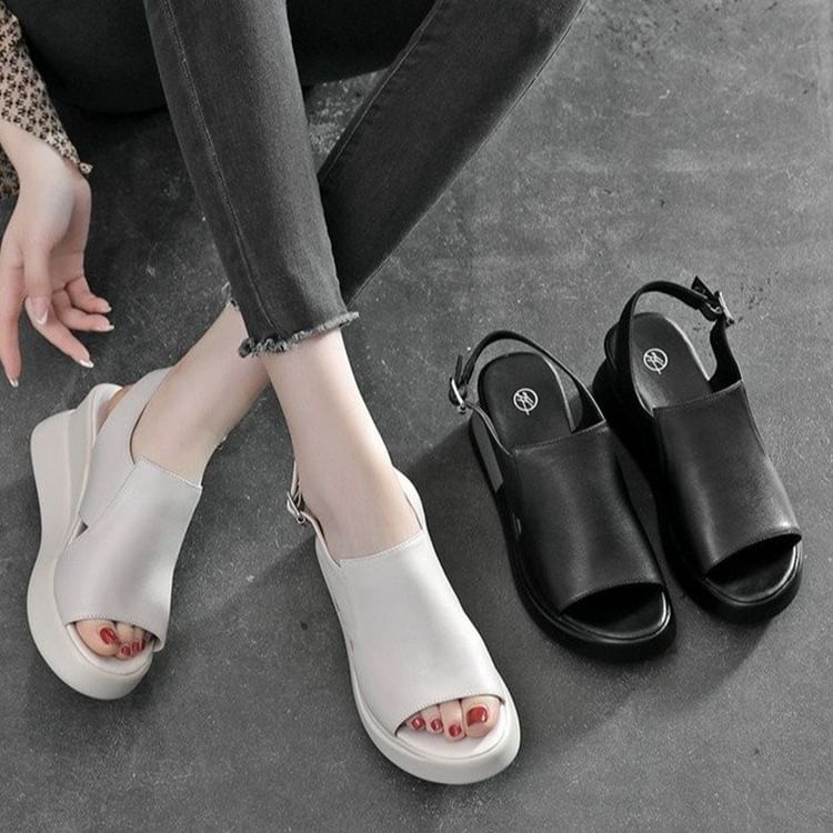 Plain Leather Heel Sandals Wedge Slingback Faux