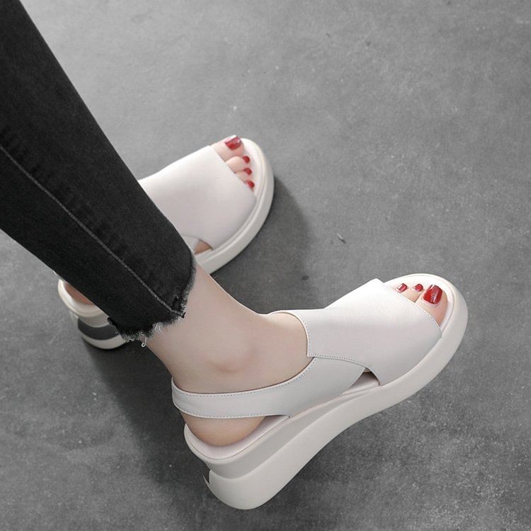 Plain Leather Heel Sandals Wedge Slingback Faux
