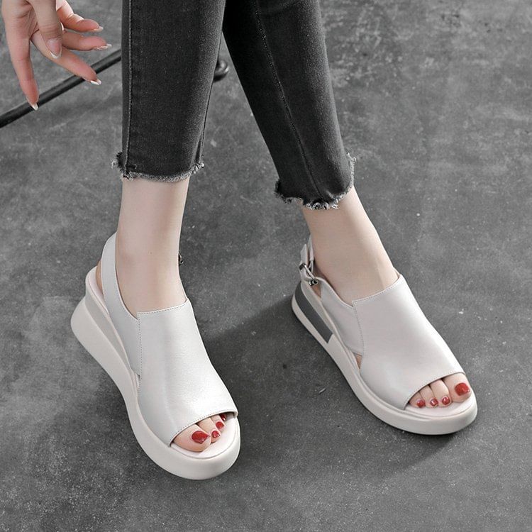 Plain Leather Heel Sandals Wedge Slingback Faux