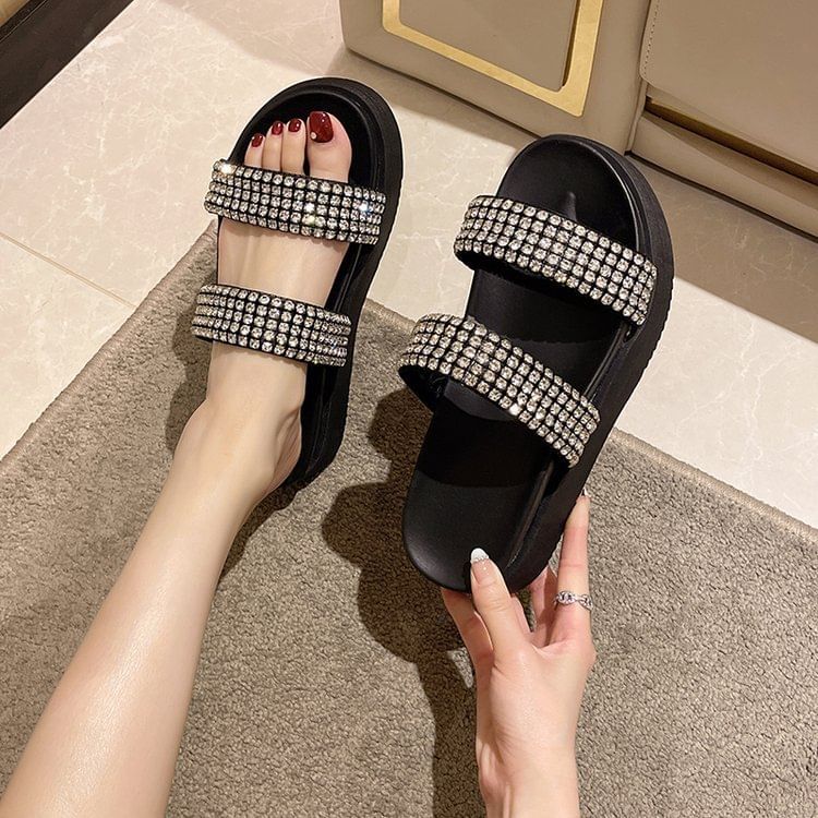 Slide Platform Sandals Rhinestone