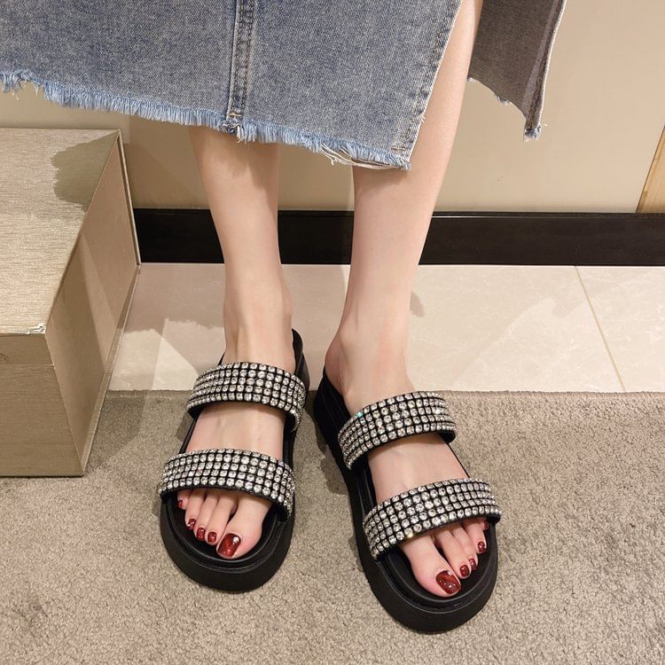 Slide Platform Sandals Rhinestone