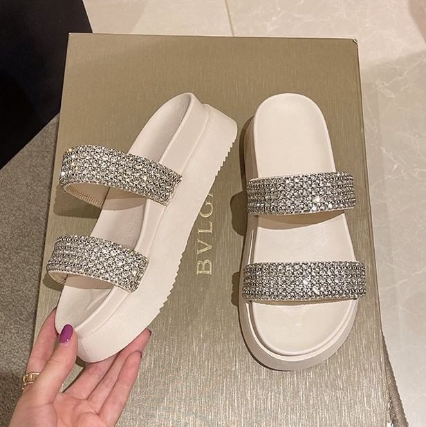 Slide Platform Sandals Rhinestone