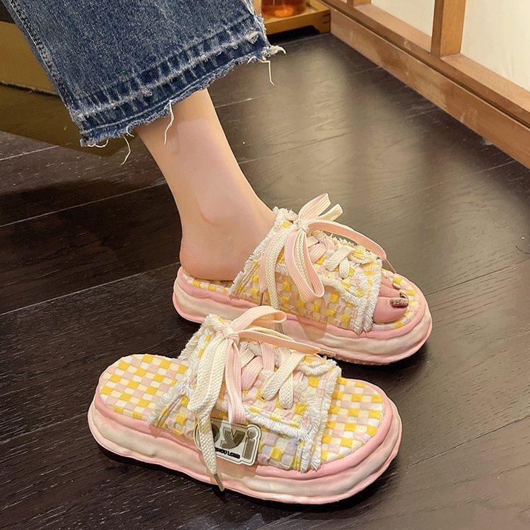 Sneakers Checkerboard Lace-Up Frayed Platform Sandals