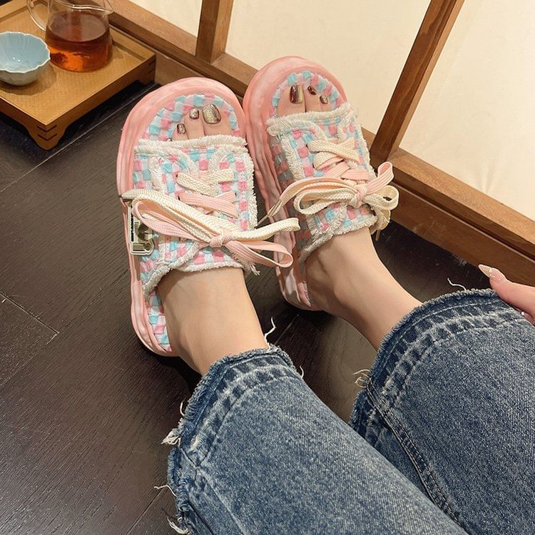 Sneakers Checkerboard Lace-Up Frayed Platform Sandals