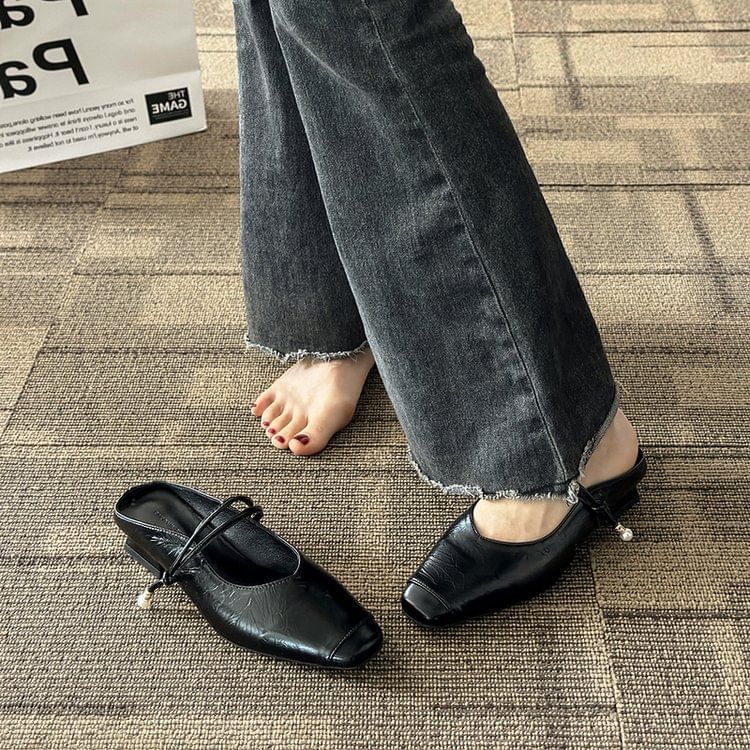 Faux Heel Mules Plain Leather Jane Mary Low