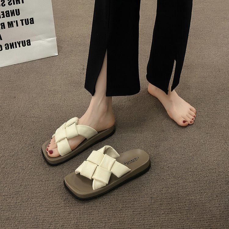 Sandals Platform Toe Faux Woven Leather Square