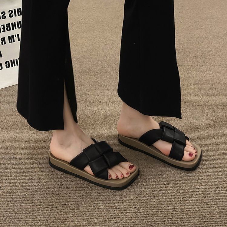 Sandals Platform Toe Faux Woven Leather Square