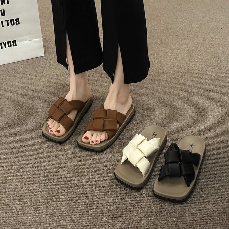 Sandals Platform Toe Faux Woven Leather Square