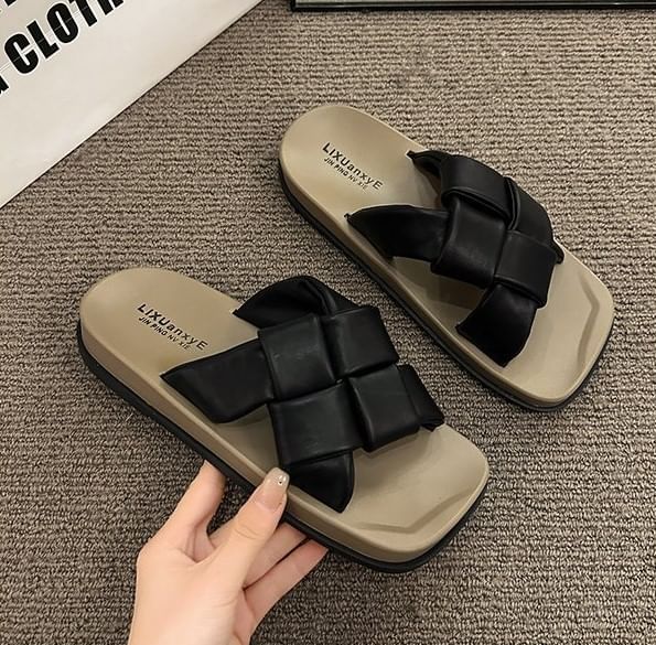 Sandals Platform Toe Faux Woven Leather Square