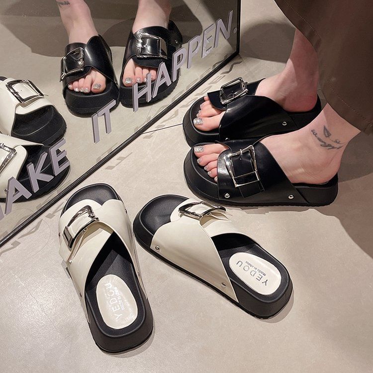 Leather Platform Buckled Faux Sandals