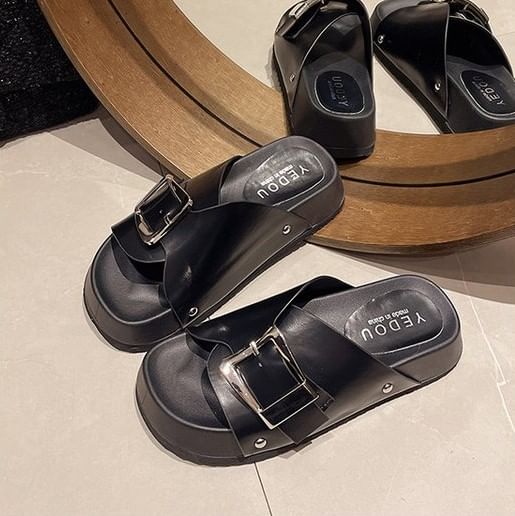 Leather Platform Buckled Faux Sandals