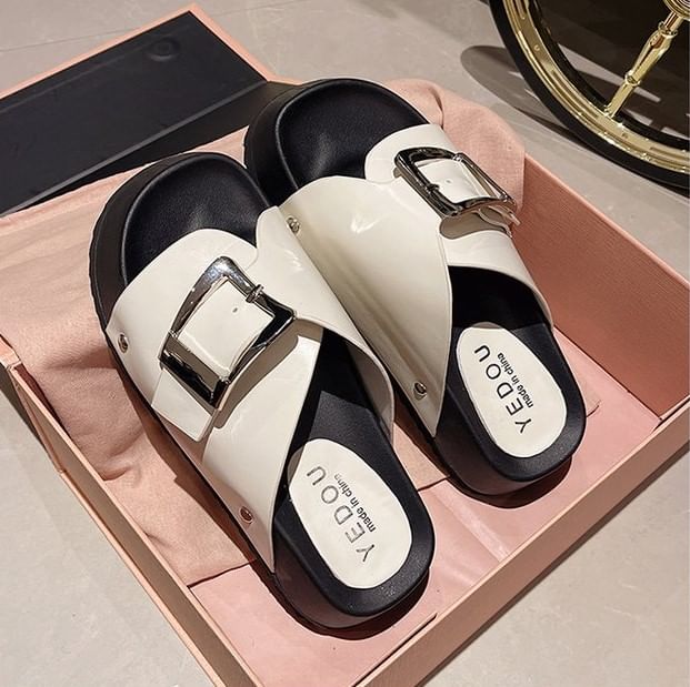 Leather Platform Buckled Faux Sandals