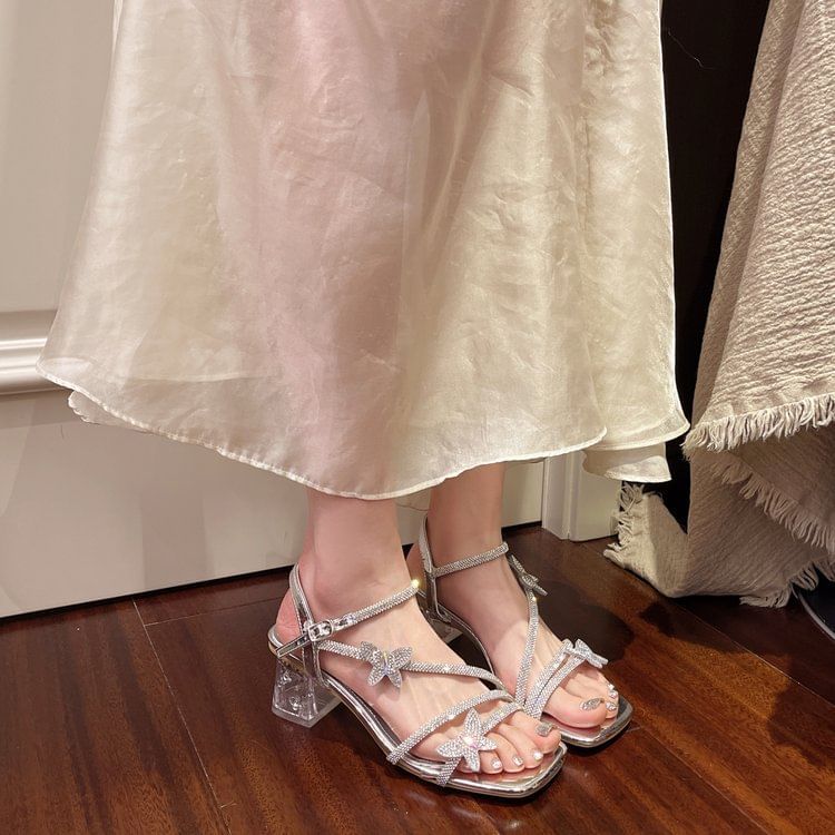 Heel Sandals Butterfly Chunky Toe Ankle Square Strap Rhinestone