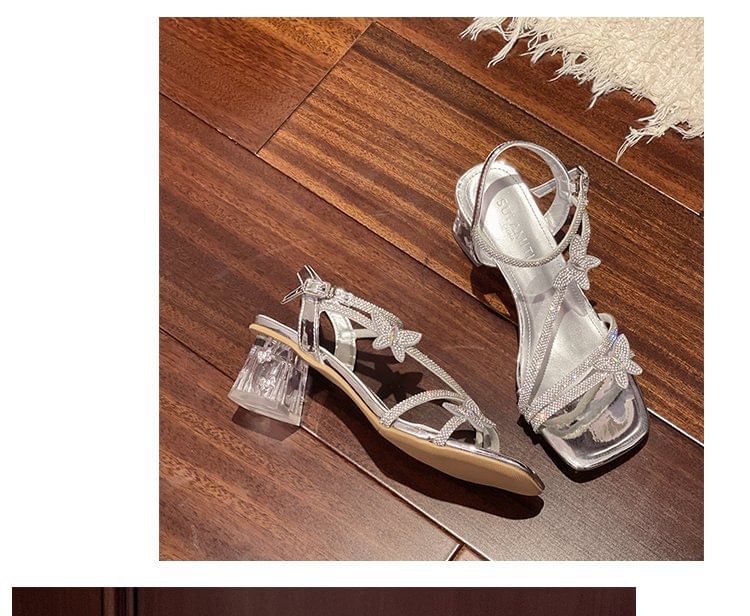 Heel Sandals Butterfly Chunky Toe Ankle Square Strap Rhinestone