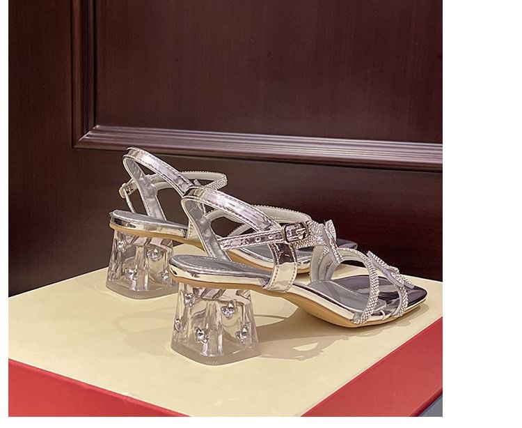 Heel Sandals Butterfly Chunky Toe Ankle Square Strap Rhinestone