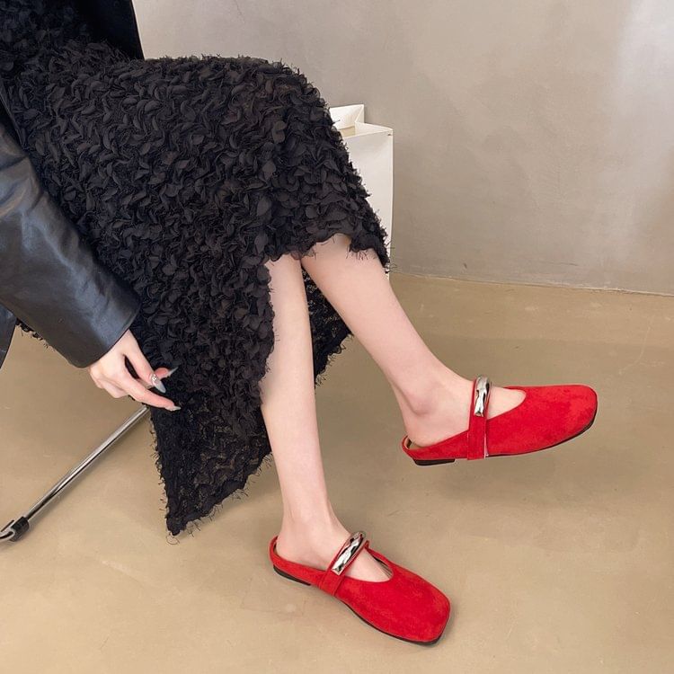 Metal Jane Toe Suede Accent Faux Mules Square Mary