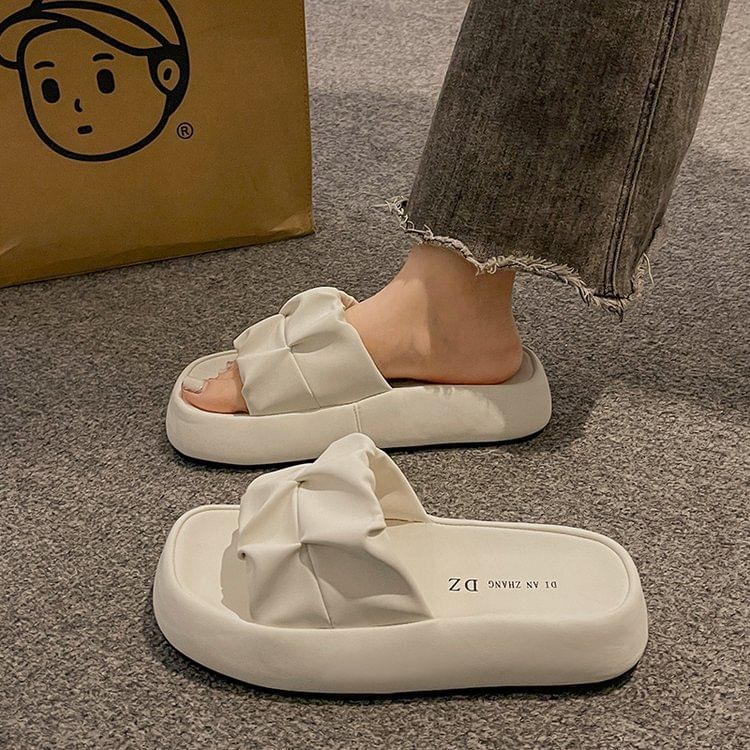 Slide Faux Sandals Plain Platform Leather Ruched