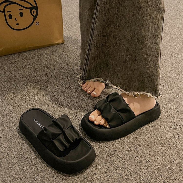 Slide Faux Sandals Plain Platform Leather Ruched