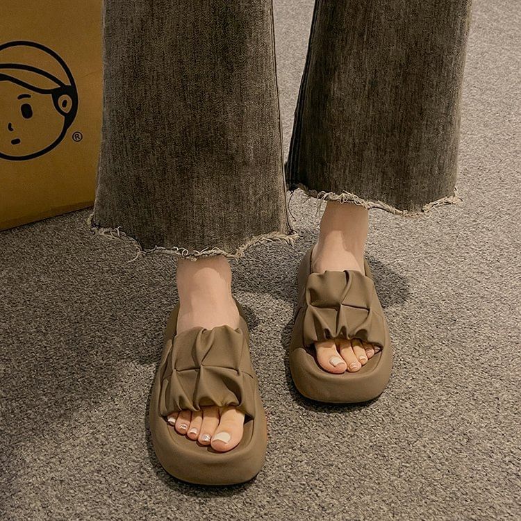 Slide Faux Sandals Plain Platform Leather Ruched