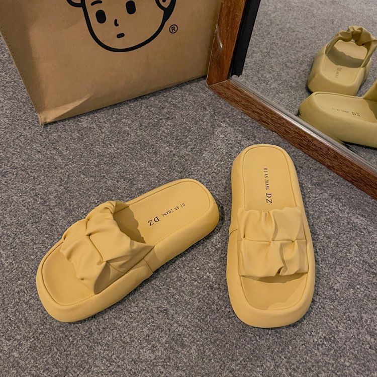 Slide Faux Sandals Plain Platform Leather Ruched