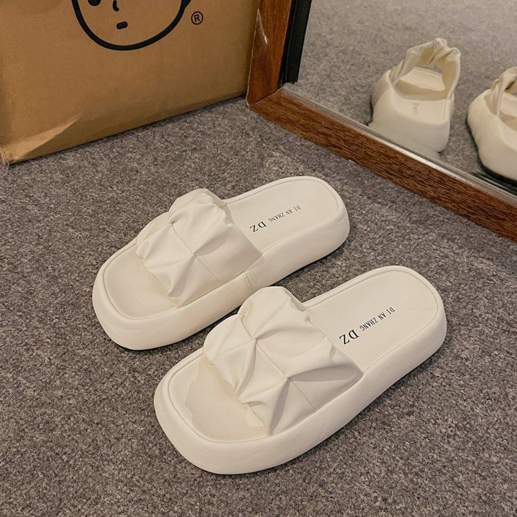 Slide Faux Sandals Plain Platform Leather Ruched