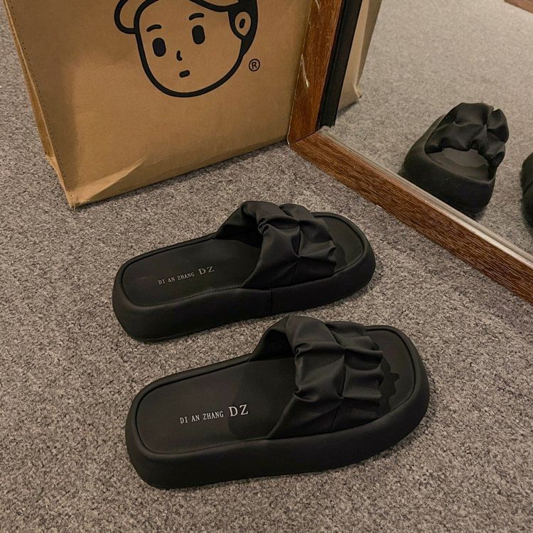 Slide Faux Sandals Plain Platform Leather Ruched