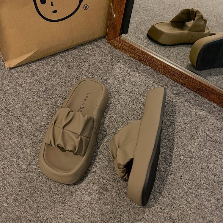 Slide Faux Sandals Plain Platform Leather Ruched