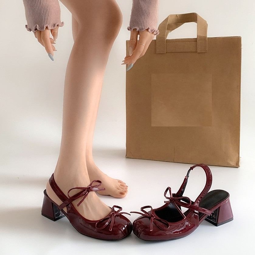 Ribbon Block Heel Accent Slingback Sandals