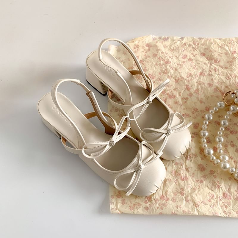 Ribbon Block Heel Accent Slingback Sandals
