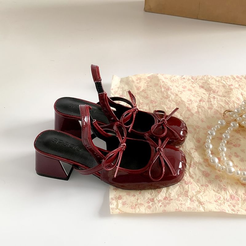 Ribbon Block Heel Accent Slingback Sandals