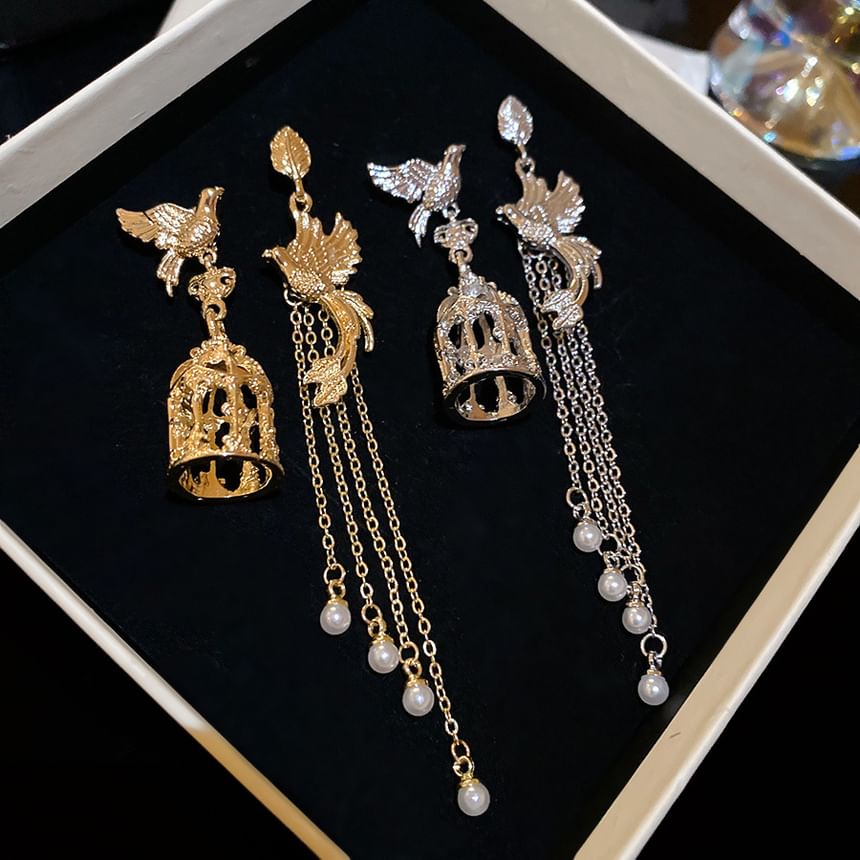 Earring Faux Cage Alloy Dangle Bird Asymmetrical Pearl