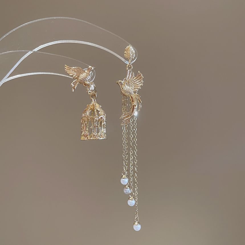 Earring Faux Cage Alloy Dangle Bird Asymmetrical Pearl