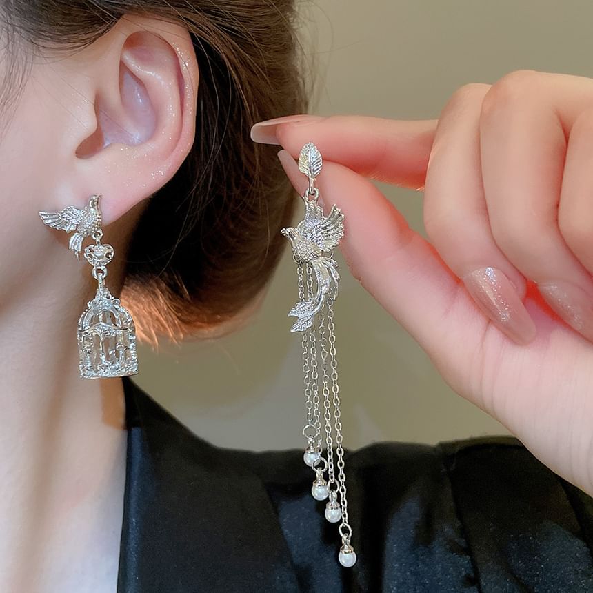 Earring Faux Cage Alloy Dangle Bird Asymmetrical Pearl
