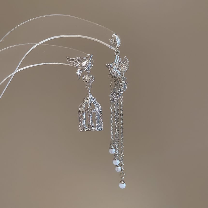 Earring Faux Cage Alloy Dangle Bird Asymmetrical Pearl