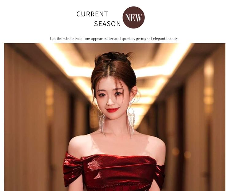 Maternity Short-Sleeve Off-Shoulder Glitter Ruched A-Line Evening Gown