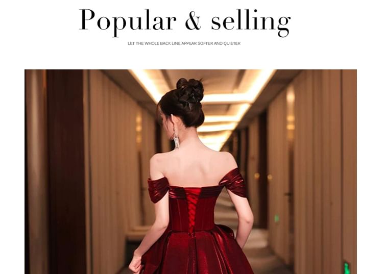 Off-Shoulder Ruched A-Line Glitter Short-Sleeve Gown Evening Maternity