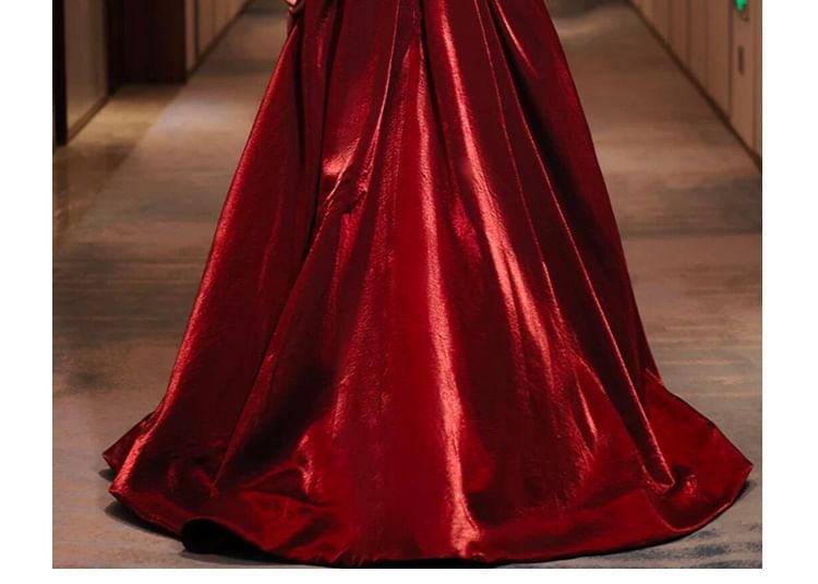 Off-Shoulder Ruched A-Line Glitter Short-Sleeve Gown Evening Maternity