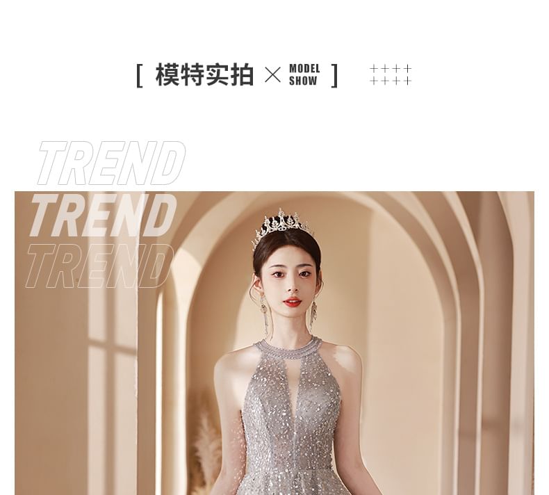 Neck Evening Sequin Gown Cutout A-Line Halter