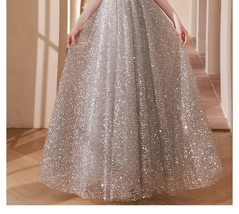 Neck Evening Sequin Gown Cutout A-Line Halter