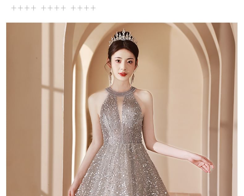 Neck Evening Sequin Gown Cutout A-Line Halter