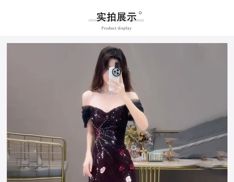 Short-Sleeve Off-Shoulder Sequin Floral Accent Mermaid Evening Gown