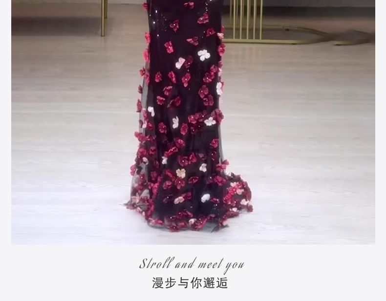 Short-Sleeve Off-Shoulder Sequin Floral Accent Mermaid Evening Gown