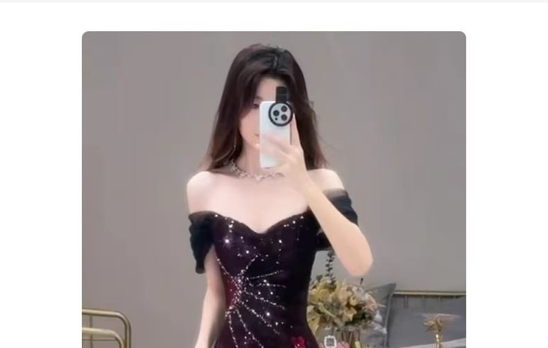 Short-Sleeve Off-Shoulder Sequin Floral Accent Mermaid Evening Gown