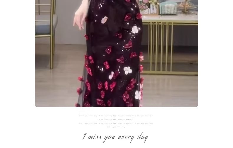 Floral Accent Mermaid Off-Shoulder Sequin Short-Sleeve Gown Evening