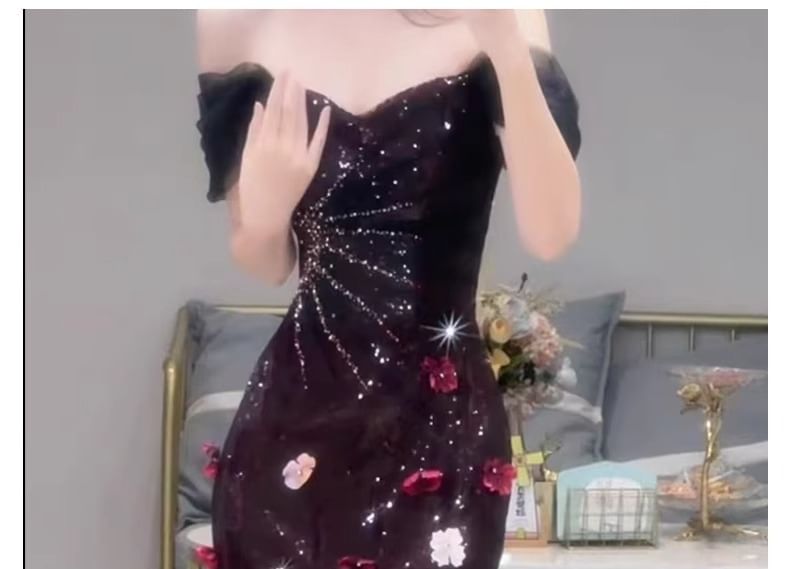 Floral Accent Mermaid Off-Shoulder Sequin Short-Sleeve Gown Evening