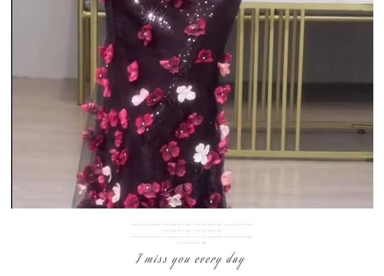 Floral Accent Mermaid Off-Shoulder Sequin Short-Sleeve Gown Evening